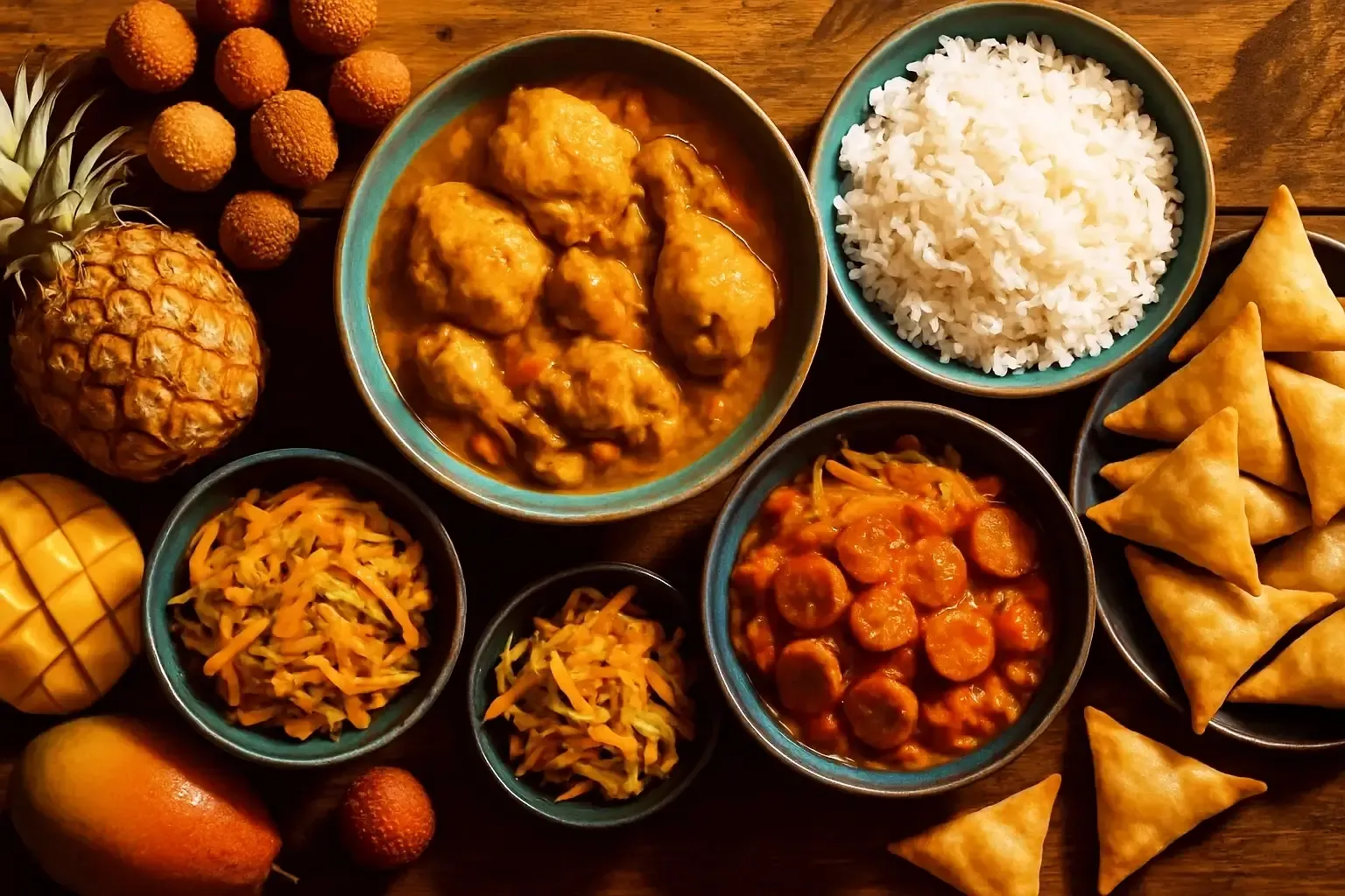 Marmites réunionnaises traditionnelles avec carry poulet et rougail saucisse